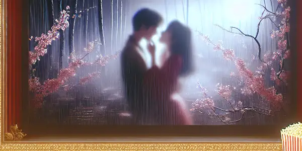 A retro cinema setting with plush red seats, a large projection screen, and romantic, dreamy elements inspired by vintage adult films.