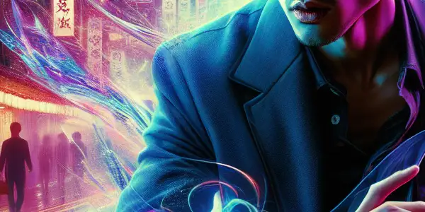 A dynamic scene featuring a stylish Japanese AV star in an urban, neon-lit Tokyo, expressing passion and intensity.