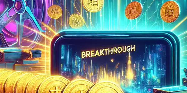 A futuristic digital wallet filled with glowing coins, surrounded by film reels and posters representing adult entertainment.