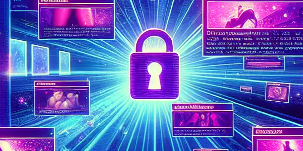 A futuristic digital interface showcasing adult film thumbnails, emphasizing privacy, with diverse people engaging on devices.