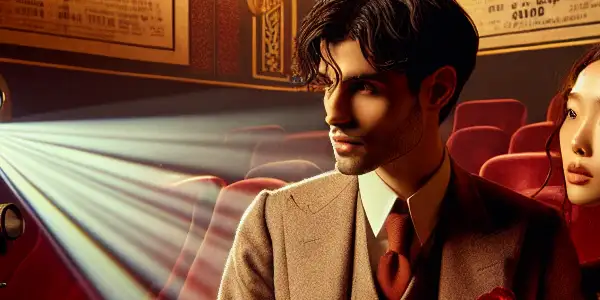 A couple watches a film in a dimly lit theater, surrounded by romantic elements and vintage movie posters.