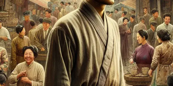 Ah Q stands contemplatively in a bustling marketplace, blending traditional and modern elements of early 20th-century China.