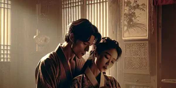 A couple shares an intimate moment in a beautifully decorated traditional Korean room, conveying longing and vulnerability.
