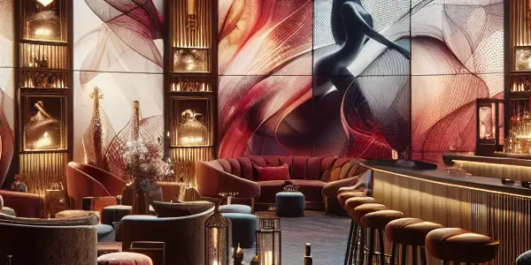 Luxurious adult salon interior featuring plush seating, ambient lighting, a stylish bar, and private booths for intimacy.