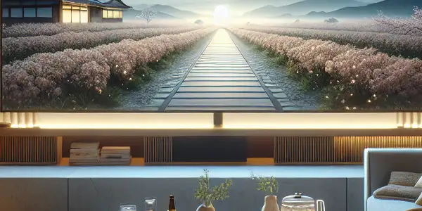 A cozy living room with a large TV, snacks, and a serene night sky, perfect for movie watching.