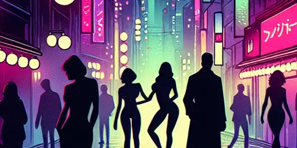 A moody urban night scene featuring neon lights and silhouettes of couples suggesting intimacy and desire.