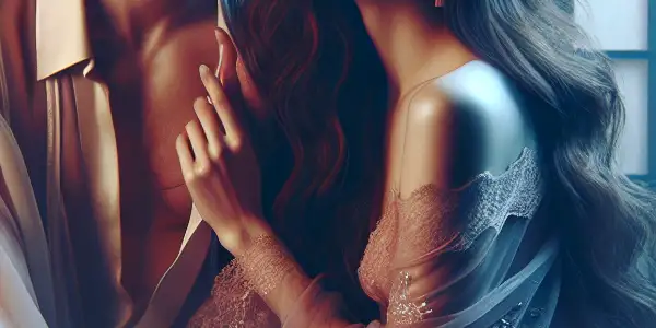 A romantic couple shares an intimate moment in a softly lit Japanese room decorated for Valentine's Day.