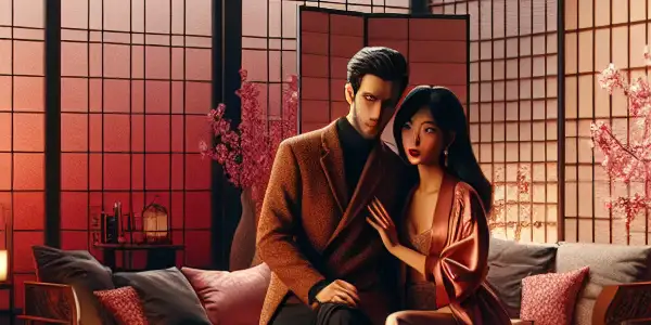 A cozy Japanese film set with actors in stylish costumes, evoking romance and cinematic allure.