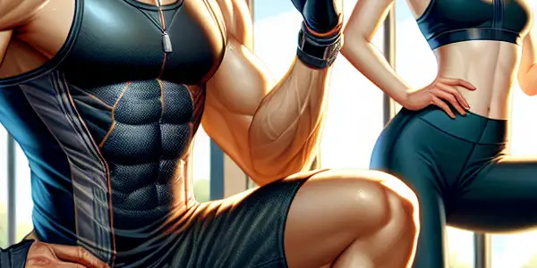 A personal trainer demonstrates an exercise to an engaged client in a modern gym setting.