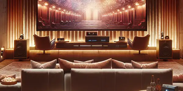 A cozy modern home theater with plush seating, abstract visuals on a large screen, and classic Japanese movie posters.