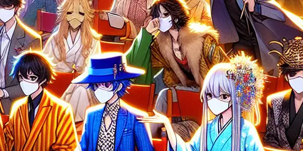 A vibrant film set featuring diverse characters in playful, role-playing costumes, capturing excitement and camaraderie.