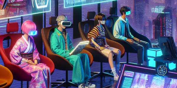 A vibrant futuristic gaming room featuring diverse characters in colorful outfits, engaged in an immersive adult-themed storyline.