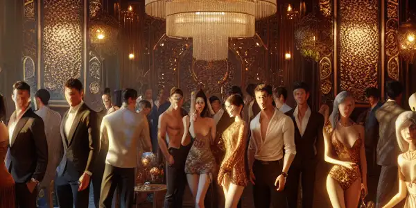 A lively, luxurious party scene featuring diverse characters in stylish outfits, engaging in playful interactions amidst intimate lighting.