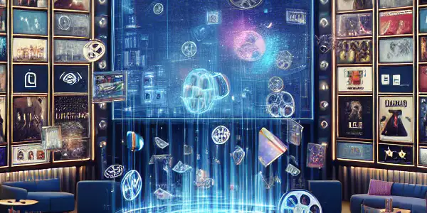 A modern digital library showcasing Japanese adult film resources with vibrant screens and an immersive, high-tech atmosphere.