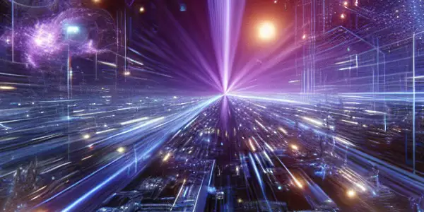 A futuristic digital landscape depicting fast packaging and distribution of adult content with glowing data streams and film reels.