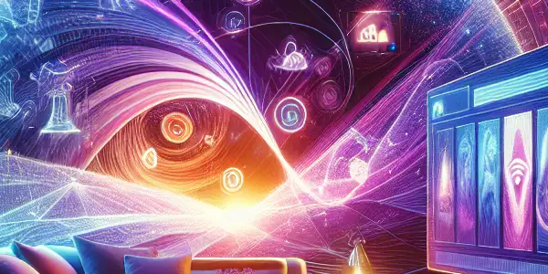 A modern living room with a large screen subtly depicting adult content, surrounded by tech devices and cozy lighting.