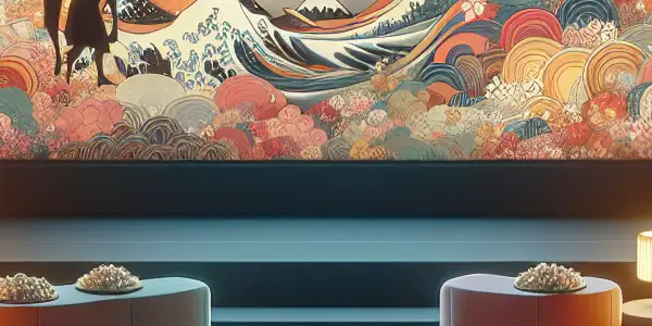 A cozy home theater with a couple watching colorful abstract visuals, featuring Japanese-inspired decor and a relaxed atmosphere.