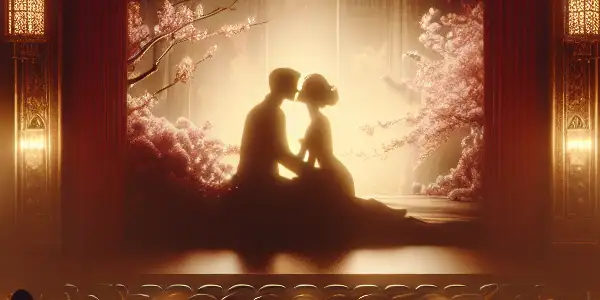 A dimly lit cinema scene showcasing a passionate embrace on screen, surrounded by silhouettes and Japanese cultural elements.