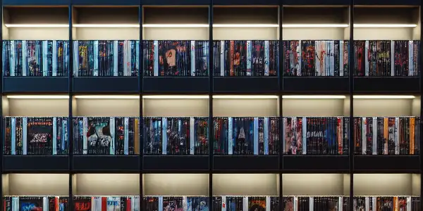 A cozy home setting featuring a stylish shelf of Japanese adult film DVDs, inviting ambiance, and comfortable furnishings.