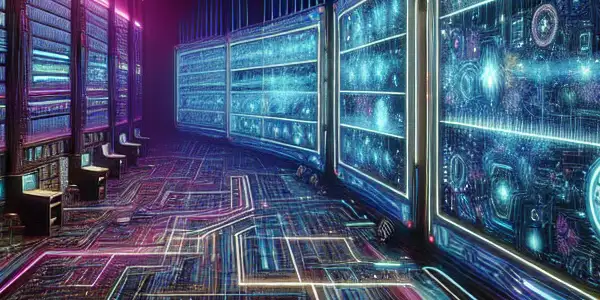 A futuristic digital library showcasing organized folders and thumbnails of Japanese adult videos in a neon-lit environment.