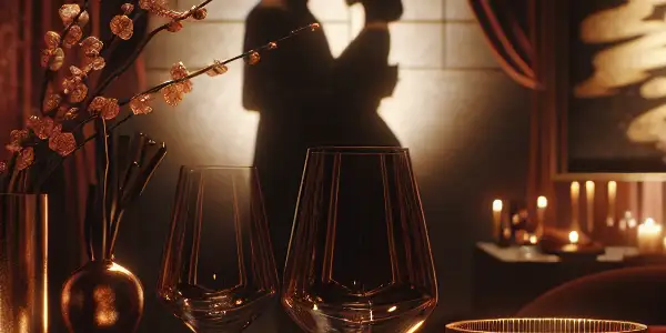 A romantic, dimly lit room with elegant decor, featuring a tender embrace between two silhouetted figures.