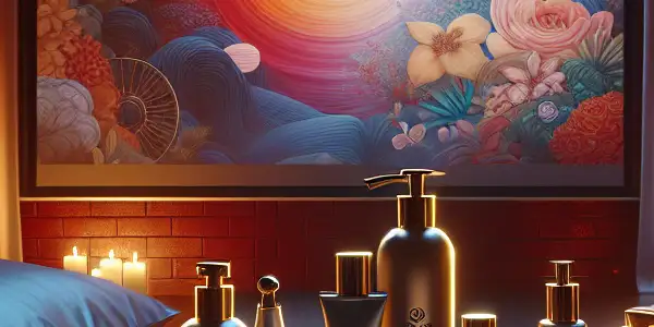 A luxurious bedroom scene featuring elegant lubricant bottles, soft lighting, and a sensual abstract film display.