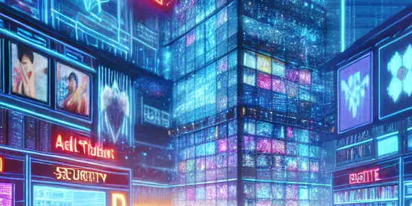 A futuristic digital marketplace bustling with diverse individuals engaging with advanced technology and holographic adult film displays.