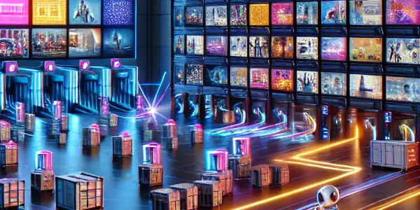 Futuristic distribution center for adult films with robots, glowing screens, and secure digital interfaces.