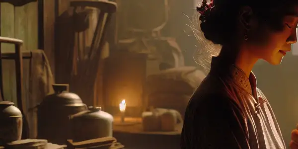 A struggling Chinese couple shares a tender moment in a modest home, reflecting love amidst hardship and societal change.