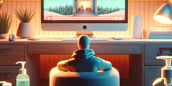 A cozy room featuring a person watching videos with personal hygiene items and a calming atmosphere.