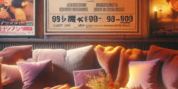 A cozy room with vintage movie posters, a plush couch, and a warm ambiance for adult cinema exploration.