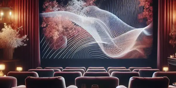 A luxurious private screening room featuring an elegant projection screen, plush seating, and tasteful decor inspired by Japanese AV films.