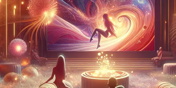 A cozy, intimate setting with a person enjoying an adult film, surrounded by warm lighting and ethereal elements.