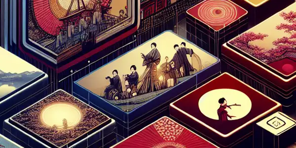 A modern digital interface for a vibrant adult streaming platform featuring diverse Japanese film genres and playful navigation icons.