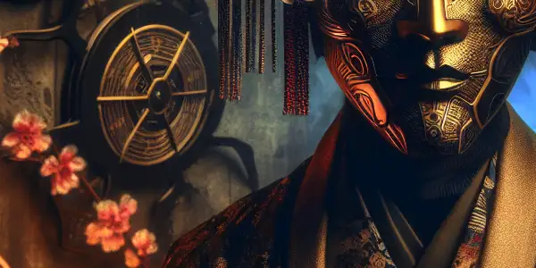 A mysterious masked character in a dimly lit room, embodying allure and fantasy with traditional Japanese art elements.