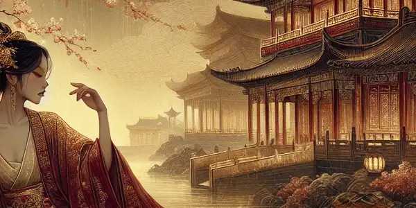 A tragic love story unfolds in an opulent ancient Chinese palace, featuring Yang Guifei amidst cherry blossoms and longing.