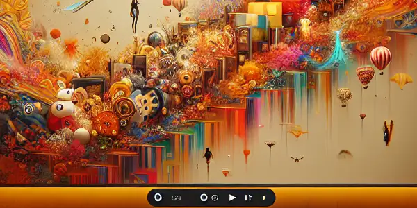 A cozy living room with a large screen displaying abstract representations of adult film genres and Japanese cultural elements.