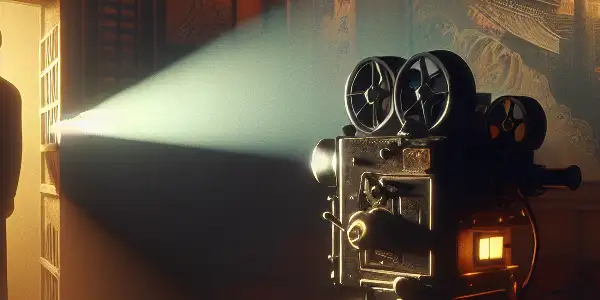 A voyeuristic figure peers through a cracked door in a dimly lit room, evoking suspense and intrigue.